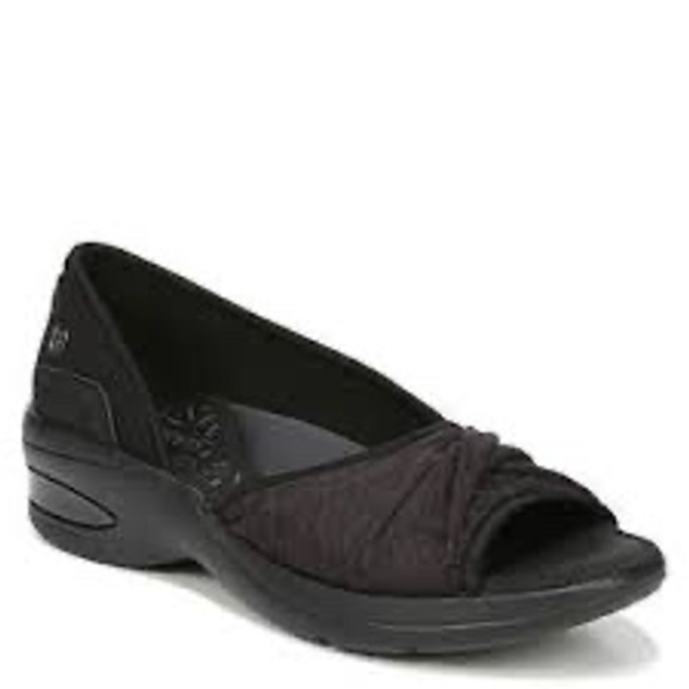 Bzees Remix Women's Black Stretch Peep Toe Wedge Sandals Size 10M Casual‎